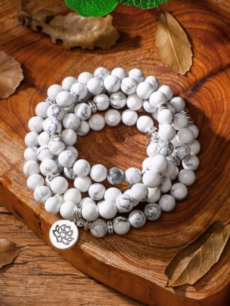 Купить 108 Mala Beads Bracelet For Women Howlite Natural Stone With Lotus OM Buddha Charm Yoga Jewelry