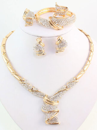 Купить Wholesale Fashion Gold Color Alloy Rhinestone Wedding Jewelry Sets Necklace Bracelet Ring Earrings For Women Bridal