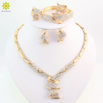 Купить Wholesale Fashion Gold Color Alloy Rhinestone Wedding Jewelry Sets Necklace Bracelet Ring Earrings For Women Bridal