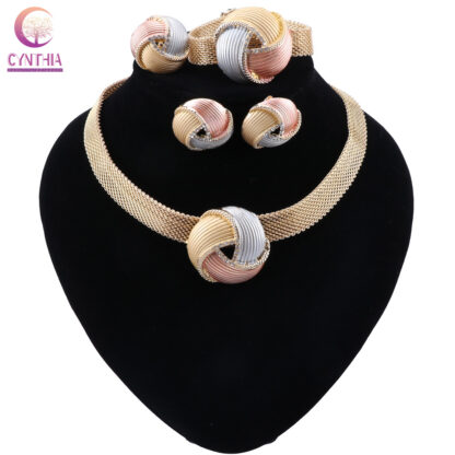 Купить CYNTHIA Nigerian Women Wedding Jewelry Sets Dubai Gold color Jewelry Sets African Women Necklace Earrings Bracelet Jewellery