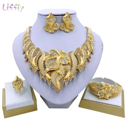 Купить Liffly Nigeria Party Fashion Jewelry Sets Necklace Bracelet Earrings Ring All-match Jewelry Dubai Bridal Wedding Accessories