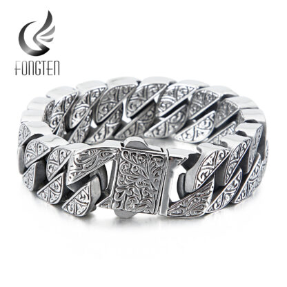 Купить Fongten Vintage Style Bracelet Mens Unique Carving Cuban Link Chain Stainless Steel Men Bracelets Bangle Fashion Jewelry