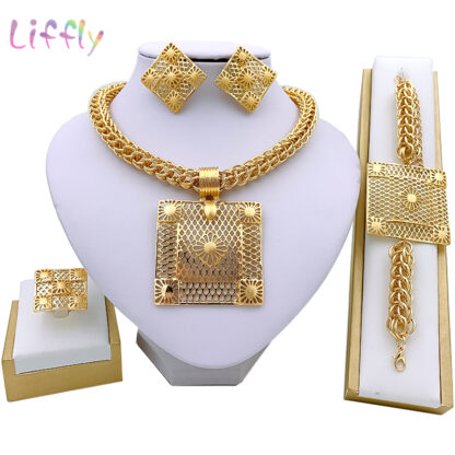 Купить Liffly Dubai Gold Jewelry Sets for Women Big Necklace African Beads Jewelry Set Nigerian Bridal Wedding Costume Jewelry