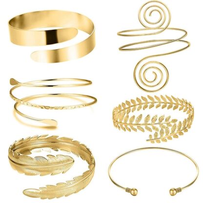 Купить 6 Pieces/Set Arm Bracelet for Women Girls Gold Color Mental Open Upper Arm Bangle Bracelet Simple Adjustable Armlet Armband Set