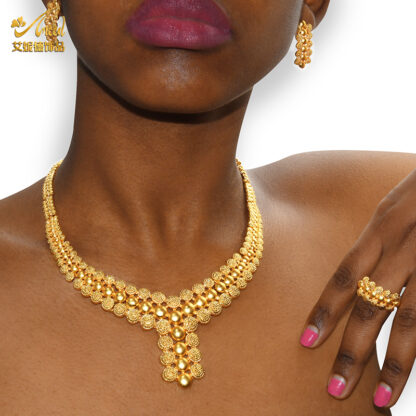 Купить Nigerian Wedding Jewelry Set Gold Plated Dubai African Chokers Necklace Earrings Rings Fashion Bridal Jewellery Sets For Women
