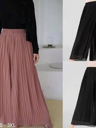 Купить 2021 Summer Loose Chiffon Muslim Pants Women High Waist Pleated Wide Leg Pants Ankle-length Solid Color Dubai Turkish Trousers