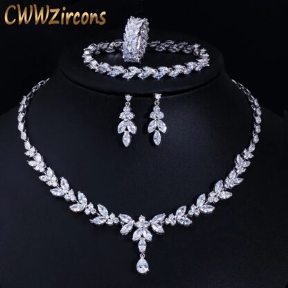 Купить CWWZircons 4Pcs Brilliant Cubic Zircon Necklace Earrings Ring and Bracelet Wedding Bridal Jewelry Sets Dress Accessories T344