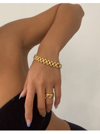 Купить Titanium With 18 K Gold Pave Watch Strap Statement Bracelet Women Stainless Steel Jewelry Chic Gown Japan South Korea Fashion