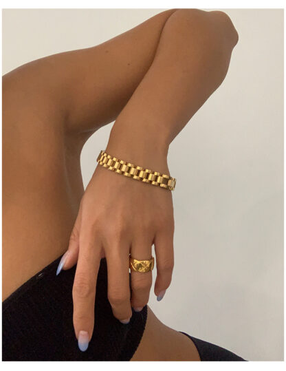 Купить Titanium With 18 K Gold Pave Watch Strap Statement Bracelet Women Stainless Steel Jewelry Chic Gown Japan South Korea Fashion