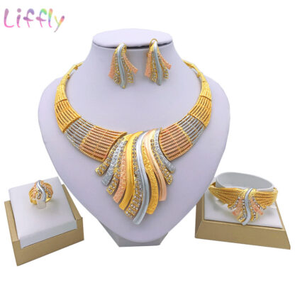 Купить Liffly New Indian Jewelry Sets Multicolor Bridal Wedding Big Crystal Dubai Gold Jewelry Sets for Women Necklace Earrings