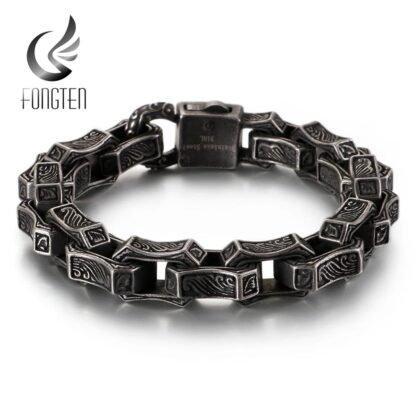 Купить Fongten Vintage Engraving Square Bracelet Men Stainless Steel Black Cuff Punk Box Link Chain Custom Bangle Man Fashion Jewelry