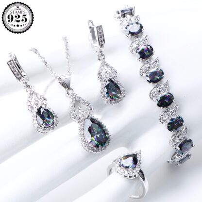 Купить Natural Rainbow Jewelry Sets 925 Sterling Silver Stones Wedding Earrings For Women Stones Bracelet Necklace Rings Set Gifts Box