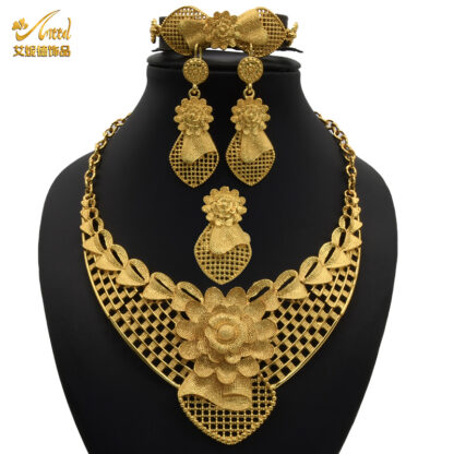 Купить Flower Necklace Sets For Women Dubai African Gold Jewelry Set Bride Earrings Rings Indian Nigerian Wedding Jewelery Set Gift