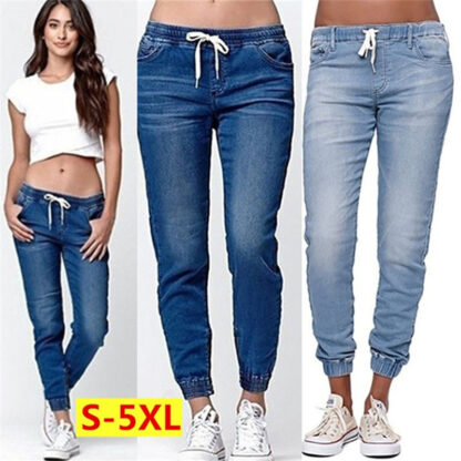 Купить Autumn Plus Size Fashion Lace-up Jeans Women Denim Pants Elastic Waist Casual Loose Fit Jean Long Pants Ladies Large Size S-5XL