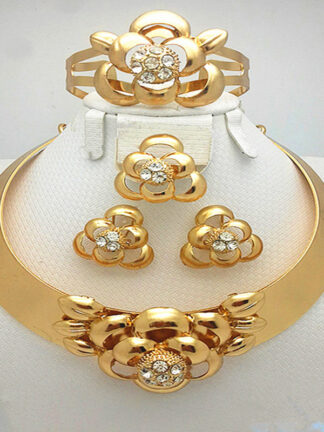 Купить LongquExquisite Dubai Womens Jewelry Set hot Big crystal flower Necklace Earrings Ring Bracelet Nigerian bride Wedding Jewelry