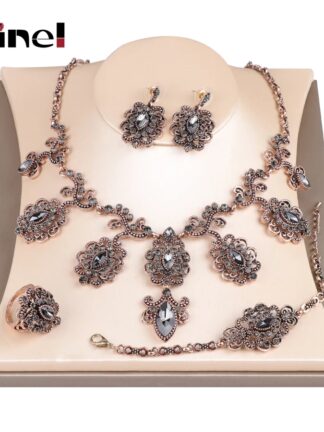 Купить Kinel Luxury 4Pcs Gray Crystal Flower Bridal Wedding Jewelry Sets Antique Gold Color Turkey Earring Necklace Bracelet Ring Women