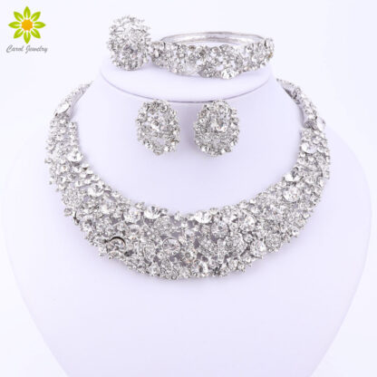 Купить Nigerian Wedding African Beads Jewelry Sets Crystal Necklace Sets Silver Color Jewelry Set Wedding Accessories Party