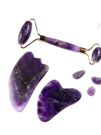 Купить Amethyst Massager Natural Stone Facial Roller Gua Sha Tools Set SPA Acupuncture Scraping Crystal Body Face Health Care Massage
