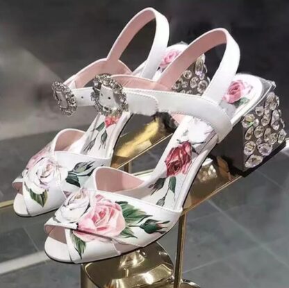 Купить Summer Floral Printed Leather Rhinestone Chunky Heels Sandals Woman Glitter Crystal Buckle Ankle Strap Open toe Wedding Shoes