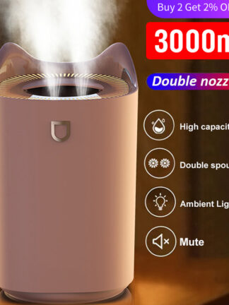 Купить Air Humidifier Double Nozzle 3L Humidifiers Diffuser USB Aroma Diffuser With Coloful LED Light Ultrasonic Aromatherapy Diffuser
