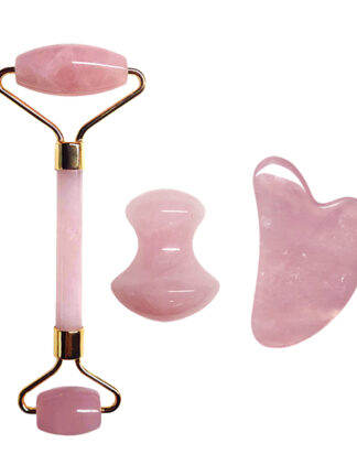 Купить 3Pcs/Set Natural Rose Quartz Jade Roller Real Gouache Jade Gua Sha Board Massager Face Lifting Tool Facial Guasha Massage Kit