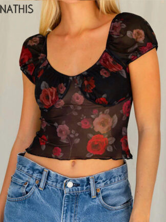 Купить Mesh Crop Top Women Puff Sleeve Shirts Rose Print O-Neck See-Through Sexy Summer Tank Top Black Transparant Summer Top