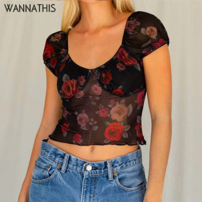 Купить Mesh Crop Top Women Puff Sleeve Shirts Rose Print O-Neck See-Through Sexy Summer Tank Top Black Transparant Summer Top