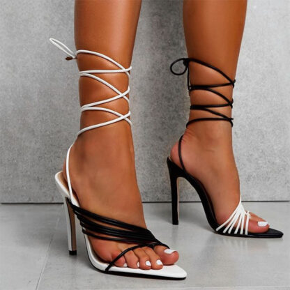 Купить Women Black White Sandals 2021 Summer Woman Gladiator High Heels Female Ankle Strap Ladies Sexy Pointed Toe Slides Womens Shoes