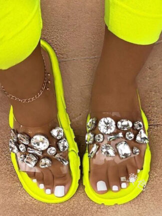 Купить Roman style transparent big rhinestones soft bottom solid color outdoor women slippers 2021 summer new plus size beach slippers