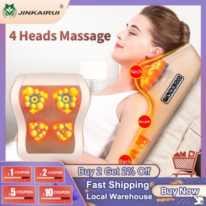 Купить Jinkairui 4 Heads Electric Neck Back Lumbar Cervical Massage Pillow Vibrating Shiatsu with Infrared Heated Car Home Dual Use