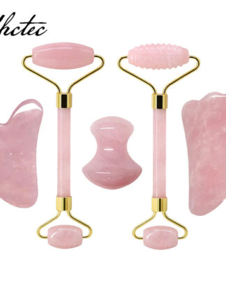 Купить Rose Quartz Face Massage Jade Roller Gua sha Scraper Set Natural Stone Gouache Scraper Face Roller Guasha Massager Beauty Tools