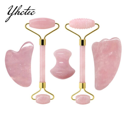 Купить Rose Quartz Face Massage Jade Roller Gua sha Scraper Set Natural Stone Gouache Scraper Face Roller Guasha Massager Beauty Tools