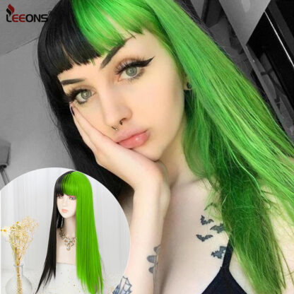 Купить Accessories Syntheti Half Green Half Black Lolita Cosplay Wig Two Tone Ombre Long Straight Wig With Bangs Synthetic Hair Wigs Heat Resistant
