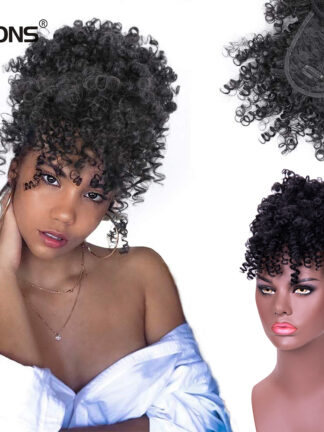 Купить Accessories New High Puff Drawstring Afro Kinky Curly Synthetic Ponytail With Bangs Ponytail Hair Extension Short Afro Kinky Ponytail Costum
