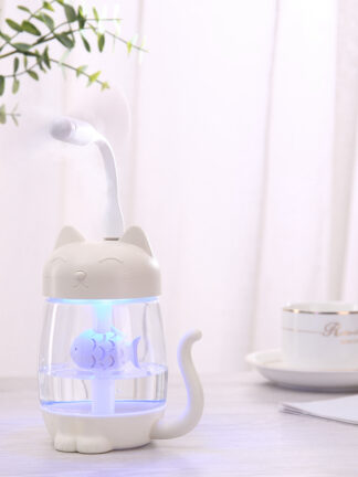 Купить 350ML Cat Air Humidifier With Color LED Light Ultrasonic 3 In 1 Adorable Cat Eat Fish Humidificador USB Aroma Diffuser Fogger