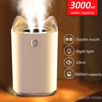 Купить EZSOZO 3000ML Household Air Humidifier Dual Nozzle Cold Mist Aroma Diffuser with Colorful LED Light Ultrasonic USB Humidifier