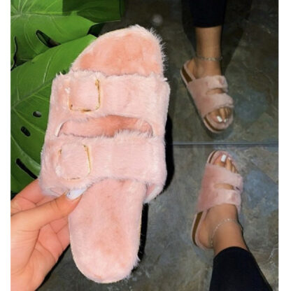 Купить Fashion sexy comfortable plush buckle decoration outdoor flat Women slippers 2021 spring and autumn new Plus Size Slippers
