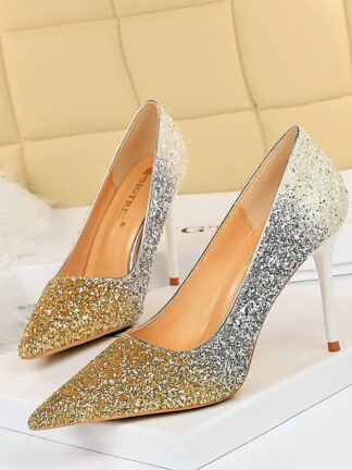 Купить 2021 New Spring Autumn Fashion Women Gold Rainbow 10cm Thin High Heels Escarpins Pumps Sequin Bling Heels Bridal Valentine Shoes