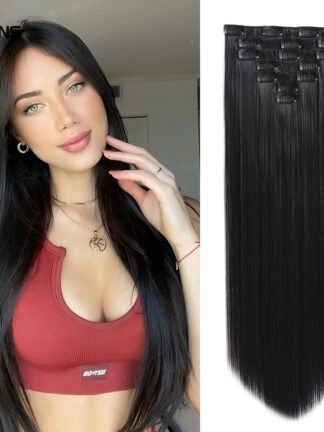 Купить Accessories Synthetic 22 Inch 16 Clip Long Straight Women Clip in Hair Extensions Black Brown High Tempreture Hair Piece For Woman Costume