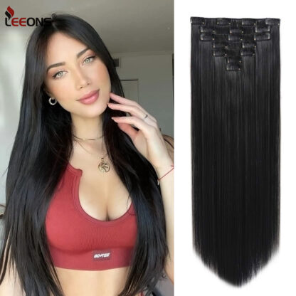 Купить Accessories Synthetic 22 Inch 16 Clip Long Straight Women Clip in Hair Extensions Black Brown High Tempreture Hair Piece For Woman Costume