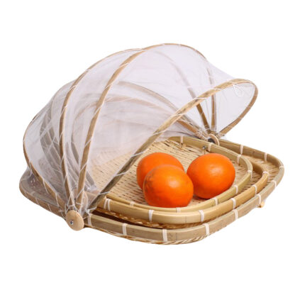 Купить Handmade Bamboo Woven Bug Proof Wicker Basket Dustproof Picnic Fruit Tray Food Bread Dishes Cover With Gauze Panier Osier
