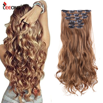 Купить Accessories 6pcs/set Long Wavy Hair Extensions Synthetic Clip In Hair Extensions Ombre Honey Blonde Dark Brown Thick Hairpieces Costume