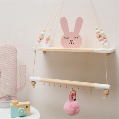 Купить Nordic Chidren Room Decorative Storage Rack Doube Wooden Bead Tasses Sheves Wa Rope Hanging Shef Home Hook Kids Coat Rack