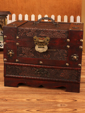 Купить arge wooden jewery box Vintage pattern Cosmetic case with ock Desktop dressing storage box with mirror