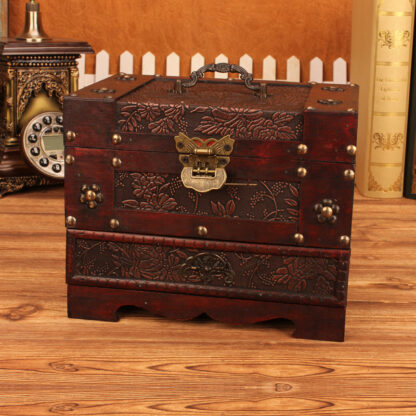 Купить arge wooden jewery box Vintage pattern Cosmetic case with ock Desktop dressing storage box with mirror