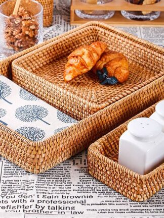 Купить Hand-Woven Storage Basket Rattan Storage Tray Wicker Baskets Bread Fruit Food Breakfast Dispay Box Handicrafts Home Decoration