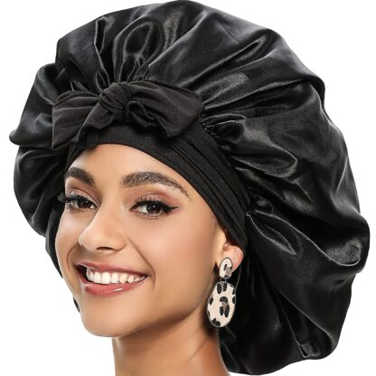 Купить Accessories New Adjustable Satin Bonnet With Wide Stretch Ties Solid Silk Bonnet Satin Hair Bonnet Night Sleep Hat Silk Head Wrap Shower Cap