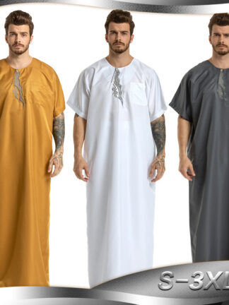 Купить Arab Muslim Clothing Men Jubah Thobe Ethnic Robes Short Sleeve Islamic Pakistan Middle East Maxi Dress Kaftan Saudi Arabia Men