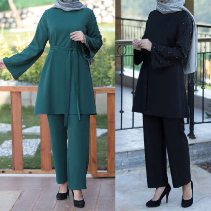 Купить Muslim 2 Piece Sets Women Abaya Dubai Lace-up Tops and Wide Leg Pants Kaftan Eid Pakistan Turkey African Prayer Islamic Clothing