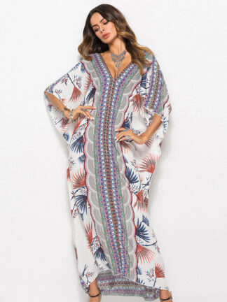 Купить New Printed Bohemian Women Maxi Dress Batwing Sleeve Holiday Beach Wear Fashion Muslim Abaya Dubai Moroccan Kaftan Robe Vestidos